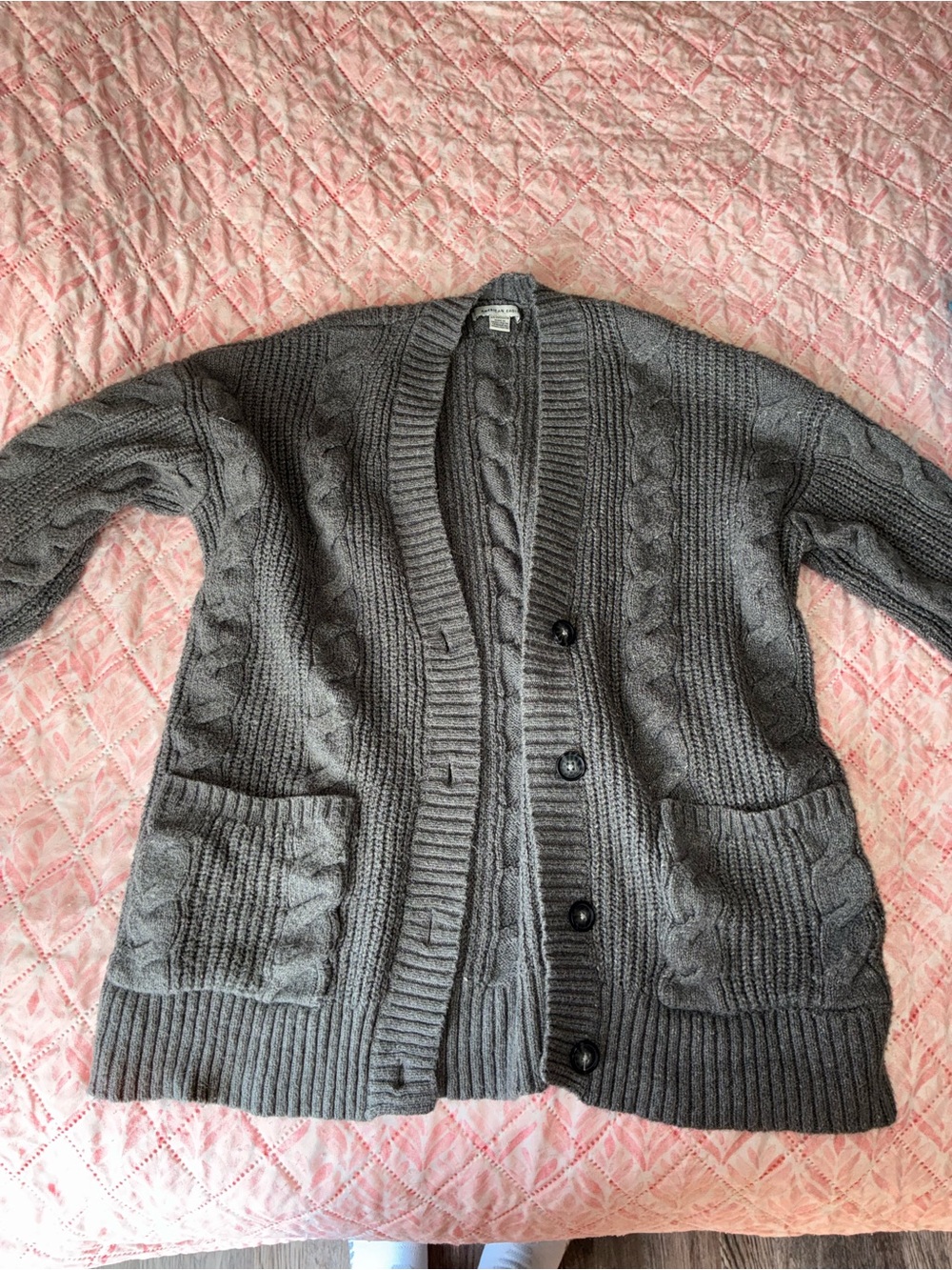 American Eagle Outfitters Charcoal Gray Cable Knit Button-Front Cardigan